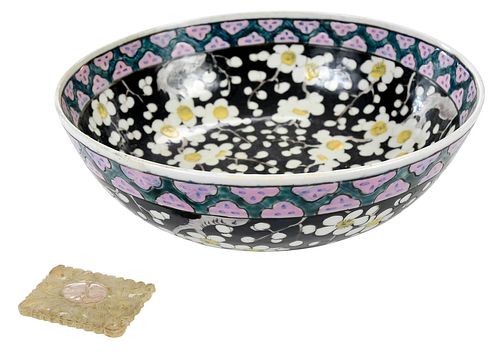 Chinese Famille Noire Bowl and Hardstone Plaque