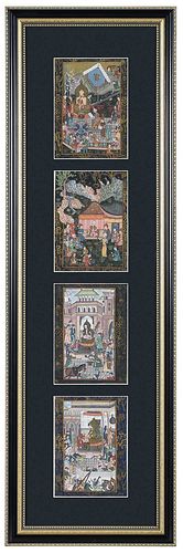 Four Framed Indo Persian Paintings on Fabric