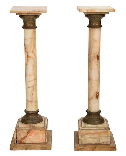 Pair Onyx and Bronze Mounted Column Form Pedestals