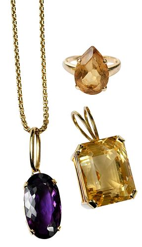 Three Pieces Gold and Gemstone Jewelry 