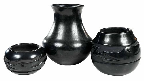 Three Santa Clara Blackware Pots