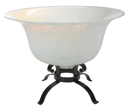 Large White Glass Bowl on Wrought Iron Stand