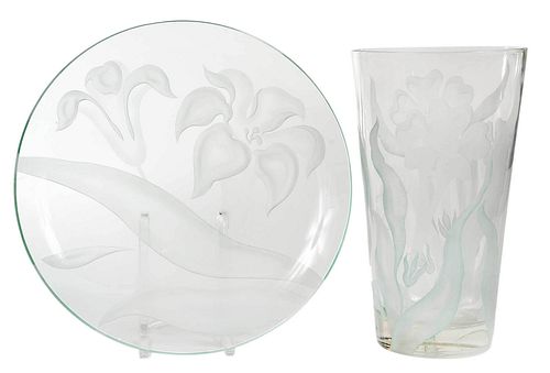 Franz Grosz Etched Glass Vase and Underplate
