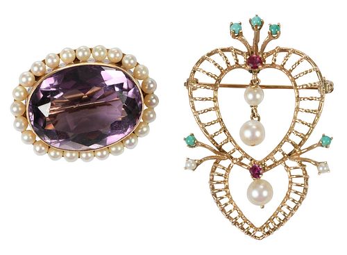 Two Retro 14kt. Gemstone Brooches 