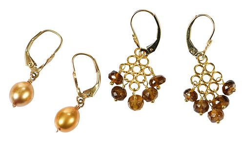 Two Pairs Gold and Gemstone Earrings 