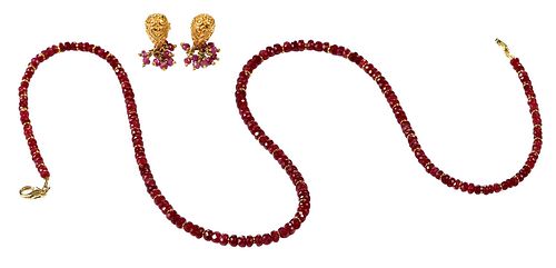Gold and Ruby Necklace and Earrings 