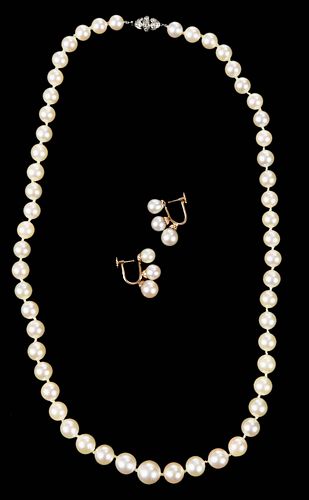 Platinum Pearl and Diamond Necklace with Earrings 