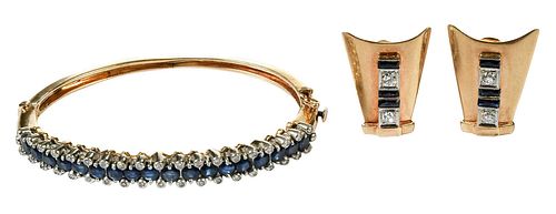 14kt. Sapphire and Diamond Bracelet and Earclips 