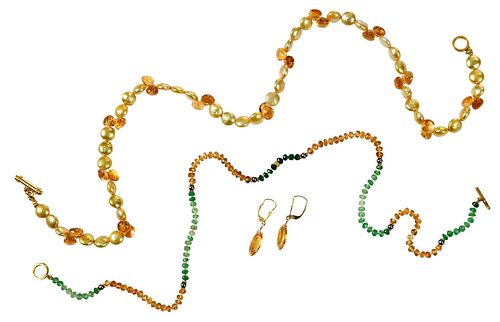 Three Pieces Gold, Pearl and Gemstone Jewelry 