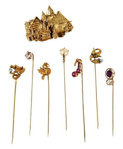 Seven Stick Pins and Brooch 