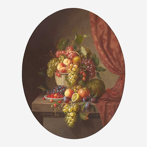 Paul LaCroix (American, 1827–1869) Still Life with Basket of Fruit on a Marble Ledge with Crimson Curtain