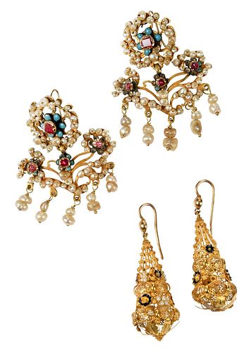 Two Pairs Antique Gold Earrings 