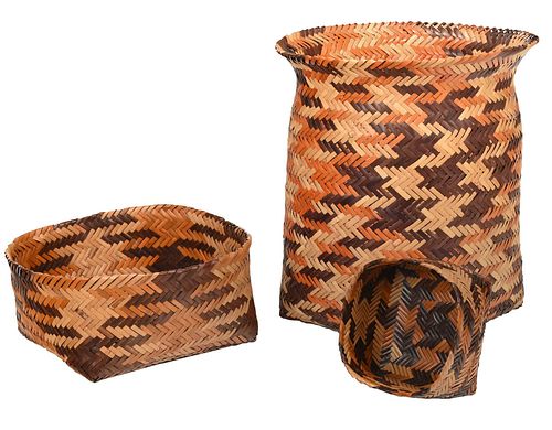 Three Cherokee Double Woven River Cane Baskets