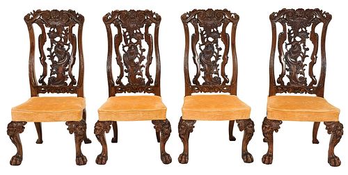 Set of Four Baroque Style Carved Walnut Dining Chairs