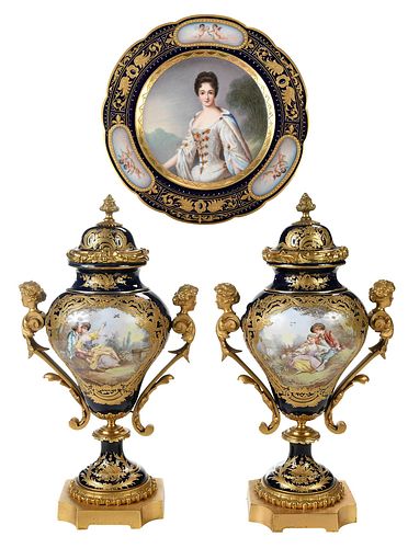 Pair of Sevres Bronze Mounted Covered Porcelain Urns