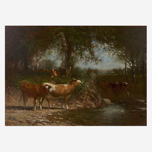 James M. Hart (American, 1828-1901) Cows Drinking by a Stream