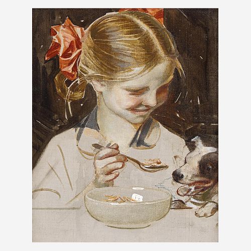 Joseph Christian Leyendecker (American, 1874-1951) Young Girl Feeding Her Dog