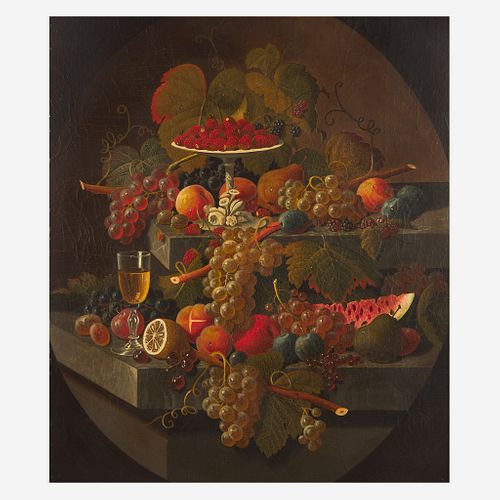 Attributed to Severin Roesen (American, 1815-1872) Still Life with Fruit, Wine Glass on Marble Ledges
