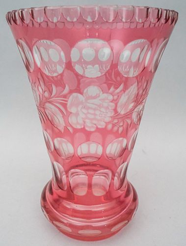 Cranberry Cut to Clear Bohemian Flower Vase