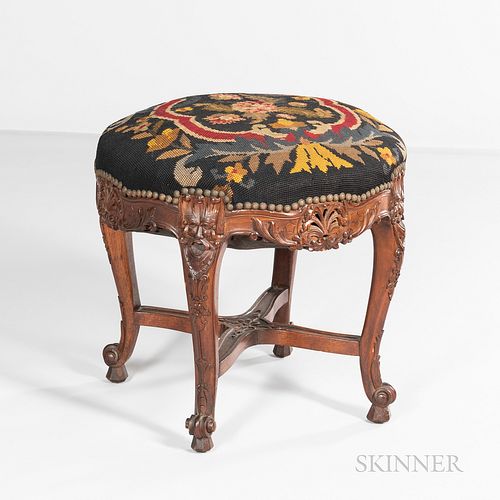 Louis XVI-style Carved Fruitwood and Needlepoint Upholstered Stool