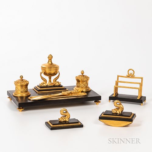 Neoclassical Gilt and Patinated Bronze Desk Set