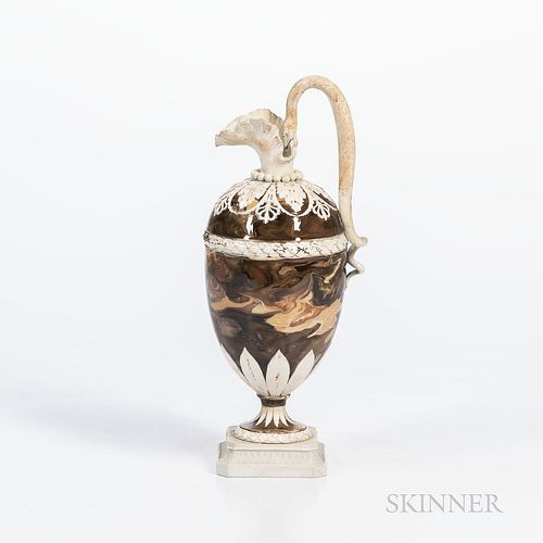 Wedgwood Agate Oenochoe Ewer, England, c. 1785, traces of gilding to white terra-cotta spout, snake handle and foliate borders, set atop a stepped oct