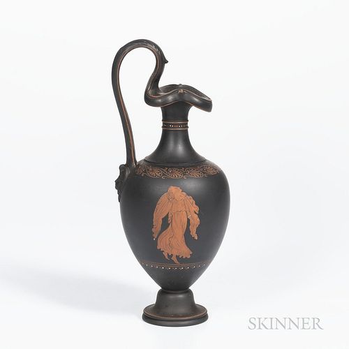 Wedgwood Encaustic Decorated Black Basalt Oenochoe Ewer, England, 19th century, scrolled handle terminating at a mask, iron red, black, and white, wit
