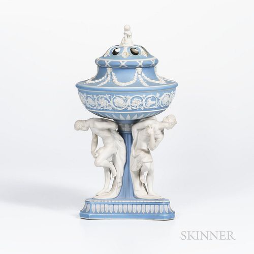 Wedgwood Light Blue Jasper Dip Michelangelo Vase and a Cover, England, early 19th century, pierced cover with a cherub finial centering radiating leav