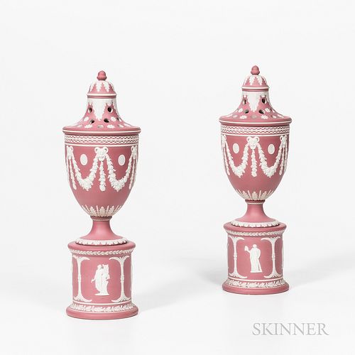 Pair of Pink Jasper Dip Potpourri Vases on Drum Bases, England, 19th century, probably Dudson, the vases with acorn finials to pierced covers and appl