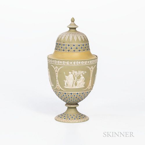 Wedgwood Tricolor Diceware Jasper Dip Vase and Cover, England, 19th century, applied white classical and foliate relief to a green ground with blue qu