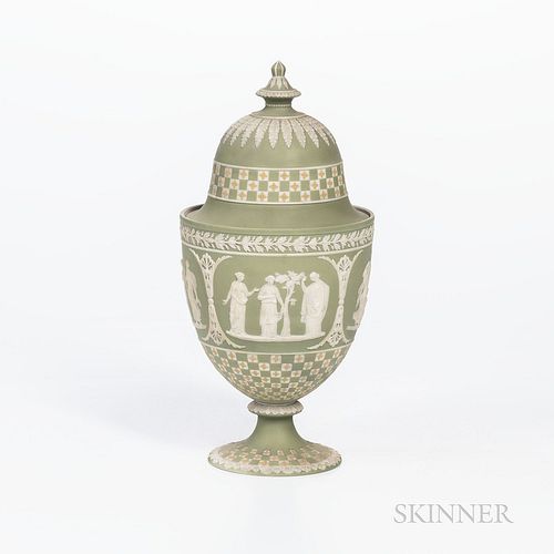 Wedgwood Tricolor Diceware Jasper Dip Vase and Cover, England, 19th century, applied white classical and foliate relief to a green ground with yellow 