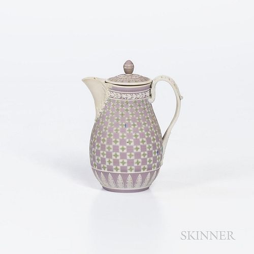 Wedgwood Tricolor Diceware Jasper Dip Creamer and Cover, England, late 18th century, pear-shape with white to a lilac ground with green quatrefoils, i