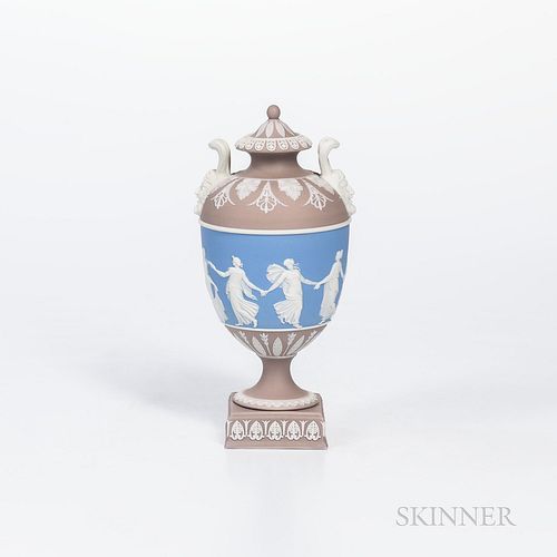 Wedgwood Tricolor Jasper Dip Vase and Cover, England, 19th century, applied white Dancing Hours in relief and with Bacchus head handles, central light