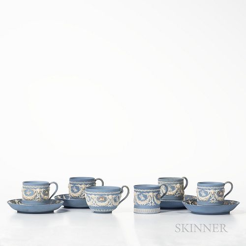 Ten Wedgwood Tricolor Jasper Tea Wares, England, 19th century, each solid light blue, three coffee cans, teacup and two saucers with lilac medallions 