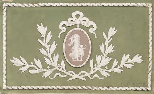 Wedgwood Tricolor Jasper Plaque, England, 19th century, green ground with oval lilac medallion and applied white classical figures, ribbons and foliag
