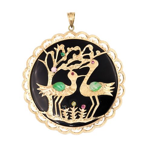 Onyx & Gemstones 14k Gold Chinese Pendant