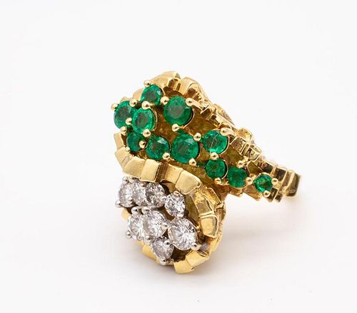 3.15 Ctw Diamonds & Emeralds 18k Cocktail Ring