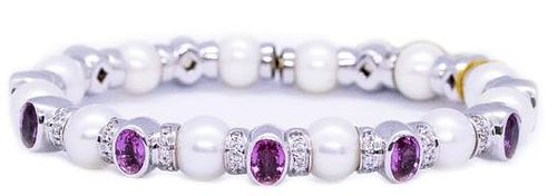 Diamonds & Sapphires Modern Akoya pearls cuff bracelet