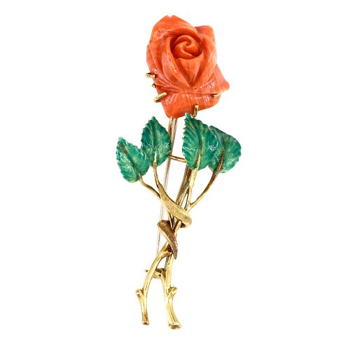 Retro carved coral & 18k Gold Brooch Pin