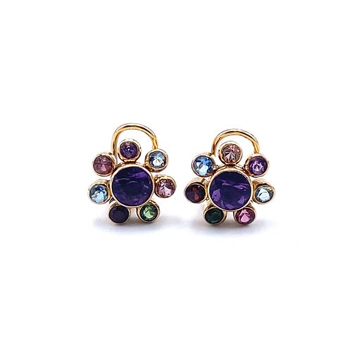 18k Gold Multicolor Gemstones Clip Earrings