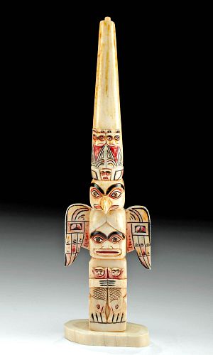 Early 20th C. Haida / Tlingit Walrus Ivory Totem Pole