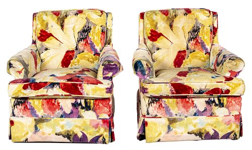 Floral Upholstered Lounge Armchairs, Pair