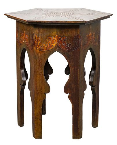 Orientalist Pyrographic Hexagonal Side Table