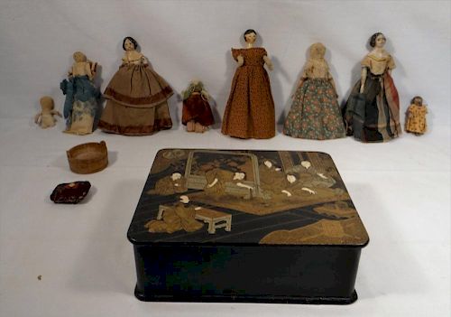GROUP OF EARLY 19THC. DOLLS IN LACQUER BOX