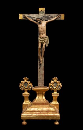 Spanish school of the XVI century. 
"Crucified Christ". 
Carved, polychrome and gilded wood.