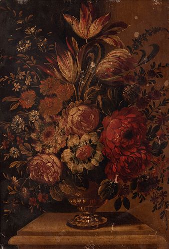 Spanish School, Followed by BARTOLOMÉ PÉREZ; XVII century. 
"Still life with flowers". 
Oil on panel.
