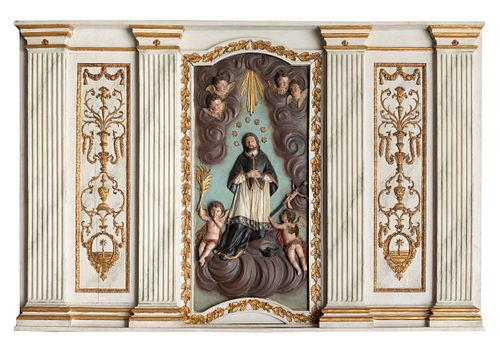 Predella with the image of San Juan Nepomuceno, early nineteenth century. 
Carved wood, polychrome and gilded.