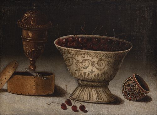 Circle of BLAS DE LEDESMA (Documented in Granada between 1602 and 1614) 
"Still life of cherries". 
Oil on canvas. Relined.