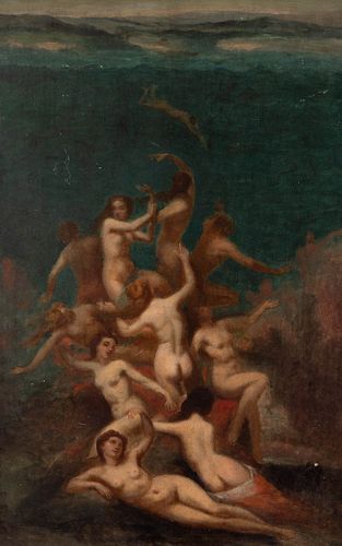 French school; first third of the 19th century. 
"Nereids". 
Oil on panel.