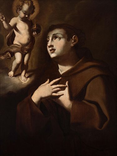 Italian school; XVII century. 
"St. Anthony of Padua with the Infant Jesus". 
Oil on canvas. Relined.